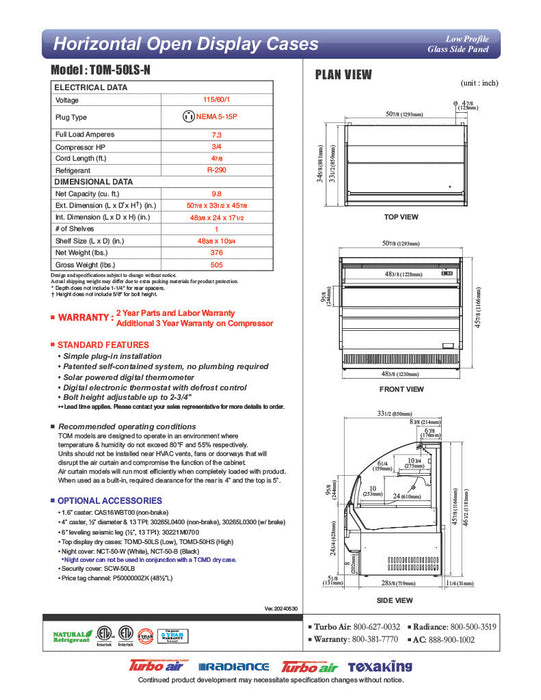 Turbo Air TOM-50LS-N 50" Low Profile Horizontal Open Air Cooler – Stainless Steel Refrigerated Merchandiser w/ (2) Levels, 115v - Bakery Wholesalers