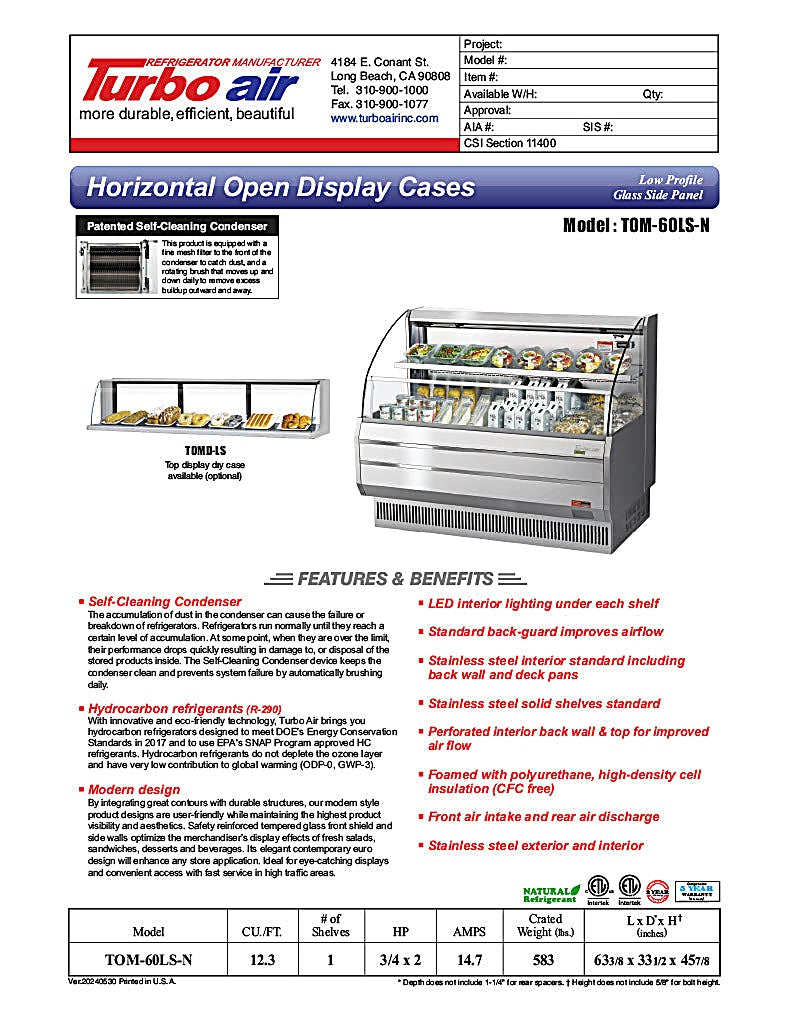 Turbo Air TOM-60LS-N 63" Low Profile Horizontal Open Air Cooler – Stainless Steel Refrigerated Curtain Merchandiser w/ (2) Levels, 115v - Donut-Equipment.com