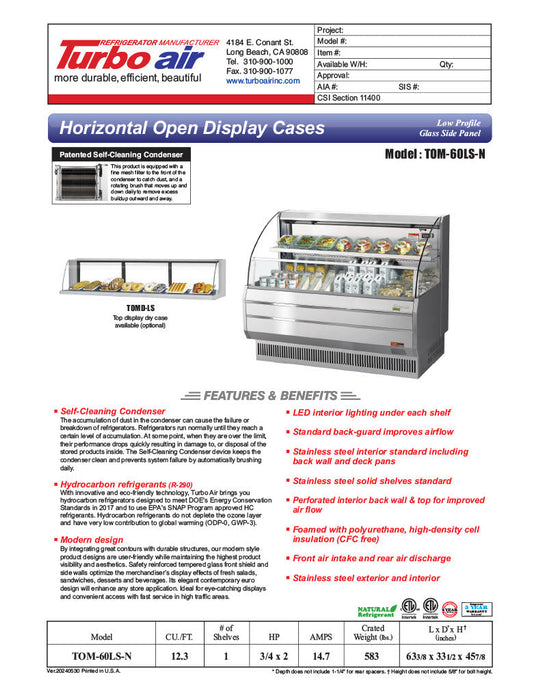 Turbo Air TOM-60LS-N 63" Low Profile Horizontal Open Air Cooler – Stainless Steel Refrigerated Curtain Merchandiser w/ (2) Levels, 115v - Bakery Wholesalers