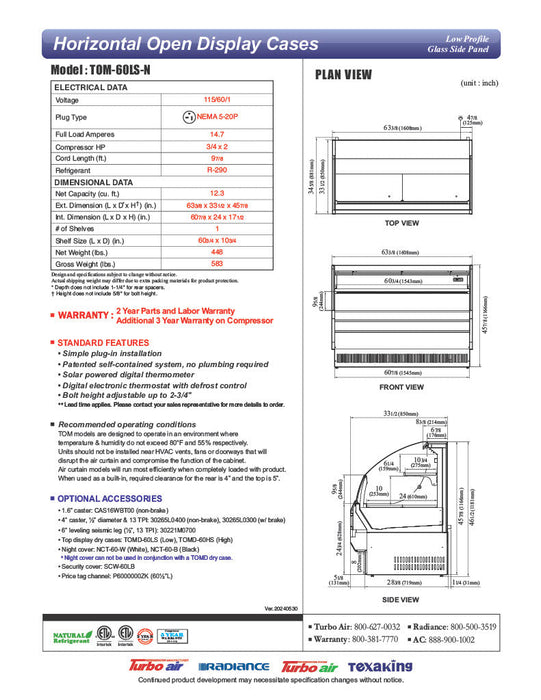 Turbo Air TOM-60LS-N 63" Low Profile Horizontal Open Air Cooler – Stainless Steel Refrigerated Curtain Merchandiser w/ (2) Levels, 115v - Bakery Wholesalers