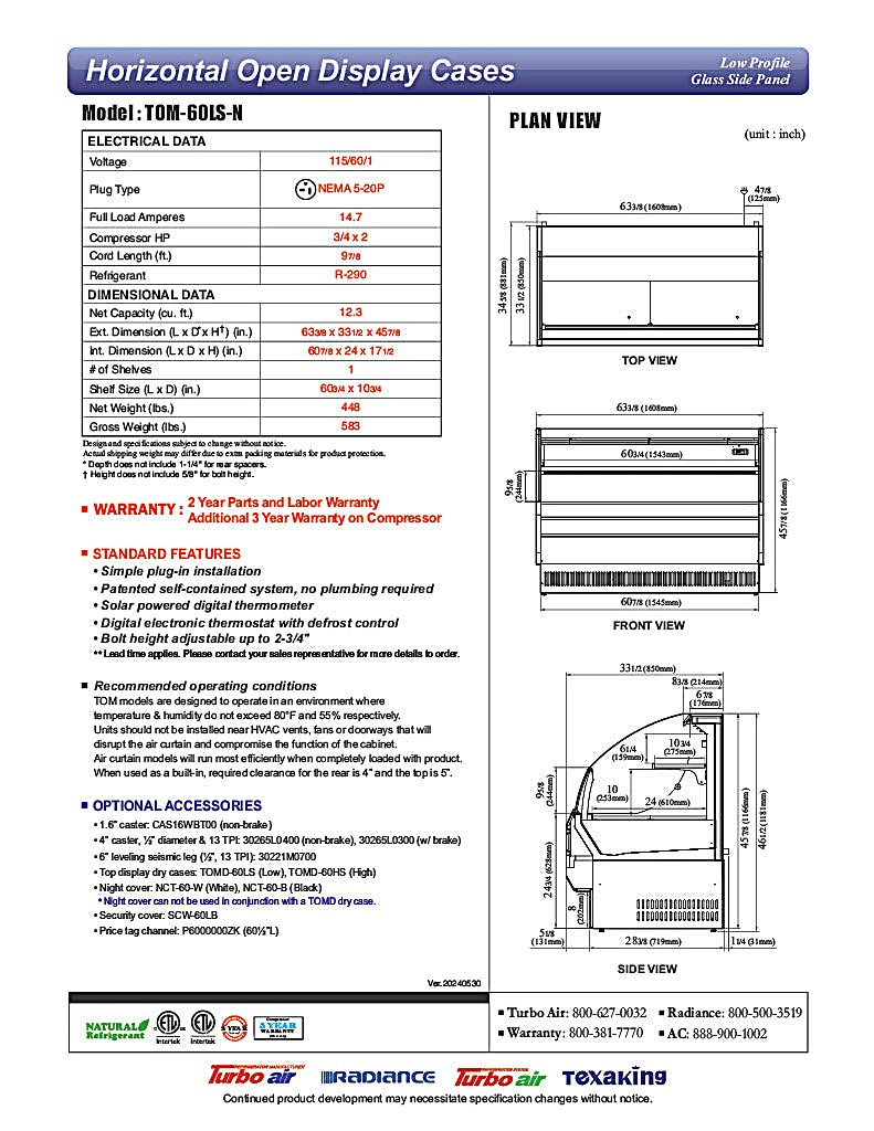 Turbo Air TOM-60LS-N 63" Low Profile Horizontal Open Air Cooler – Stainless Steel Refrigerated Curtain Merchandiser w/ (2) Levels, 115v - Donut-Equipment.com