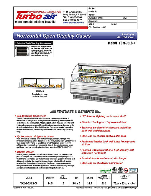 Turbo Air TOM-75LS-N 75" Low Profile Horizontal Open Air Cooler – Stainless Steel Refrigerated Curtain Merchandiser w/ (2) Levels, 115v - Donut-Equipment.com