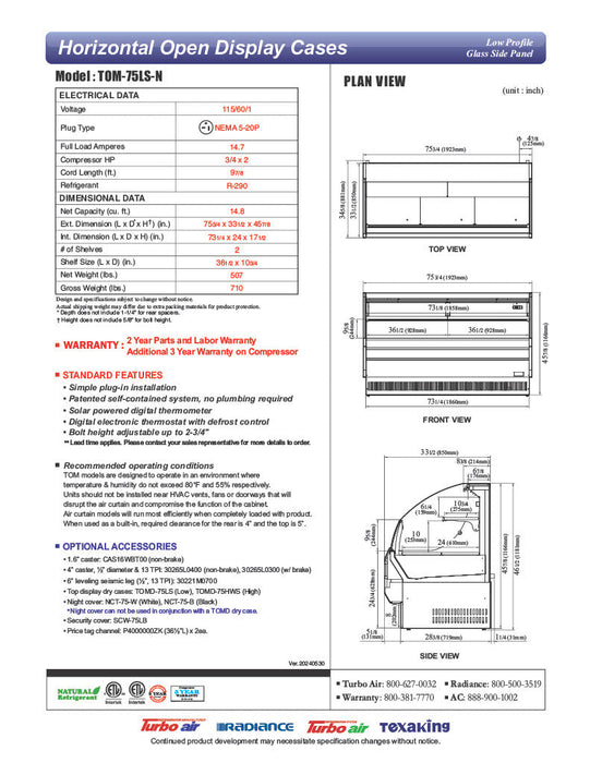 Turbo Air TOM-75LS-N 75" Low Profile Horizontal Open Air Cooler – Stainless Steel Refrigerated Curtain Merchandiser w/ (2) Levels, 115v - Bakery Wholesalers