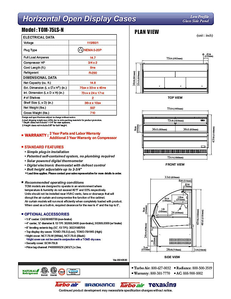 Turbo Air TOM-75LS-N 75" Low Profile Horizontal Open Air Cooler – Stainless Steel Refrigerated Curtain Merchandiser w/ (2) Levels, 115v - Donut-Equipment.com