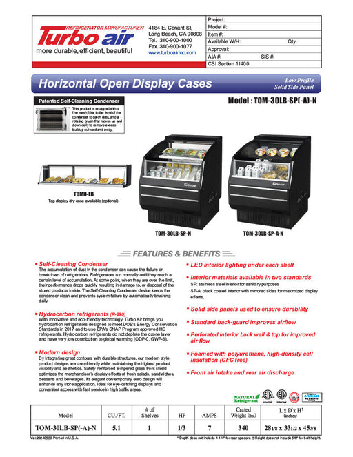 Turbo Air TOM-30LB-SP-N 28 1/8" Black Low Profile Horizontal Open Air Cooler – Refrigerated Curtain Merchandiser w/ (2) Levels, 115v - Bakery Wholesalers