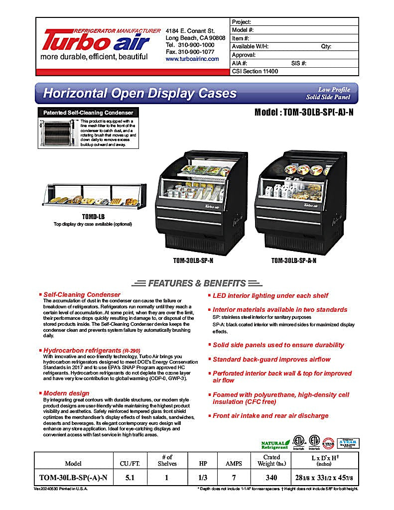 Turbo Air TOM-30LB-SP-N 28 1/8" Black Low Profile Horizontal Open Air Cooler – Refrigerated Curtain Merchandiser w/ (2) Levels, 115v - Donut-Equipment.com