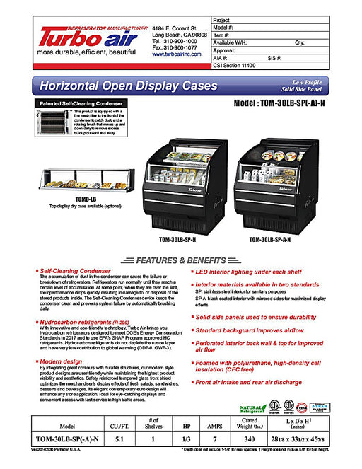 Turbo Air TOM-30LB-SP-N 28 1/8" Black Low Profile Horizontal Open Air Cooler – Refrigerated Curtain Merchandiser w/ (2) Levels, 115v - Donut-Equipment.com