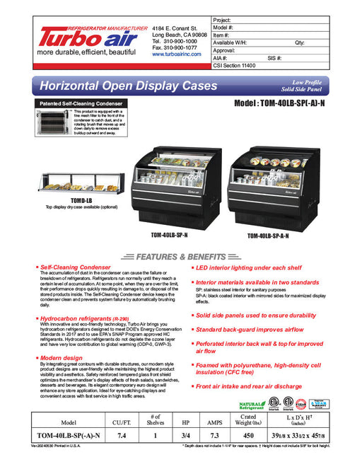 Turbo Air TOM-40LB-SP-N 39 1/8" Black Low Profile Horizontal Open Air Cooler – Refrigerated Curtain Merchandiser w/ (2) Levels, 115v - Bakery Wholesalers