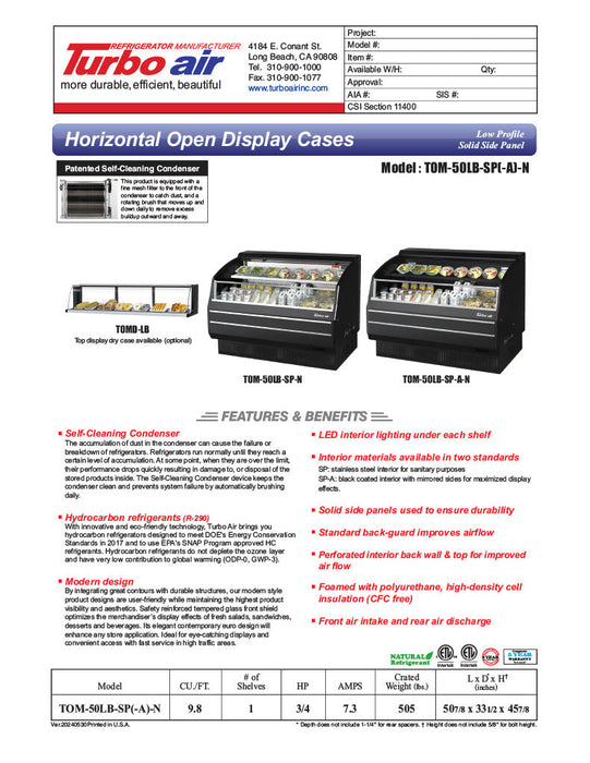 Turbo Air TOM-50LB-SP-N 50 7/8" Black Low Profile Horizontal Open Air Cooler – Refrigerated Curtain Merchandiser w/ (2) Levels, 115v - Bakery Wholesalers