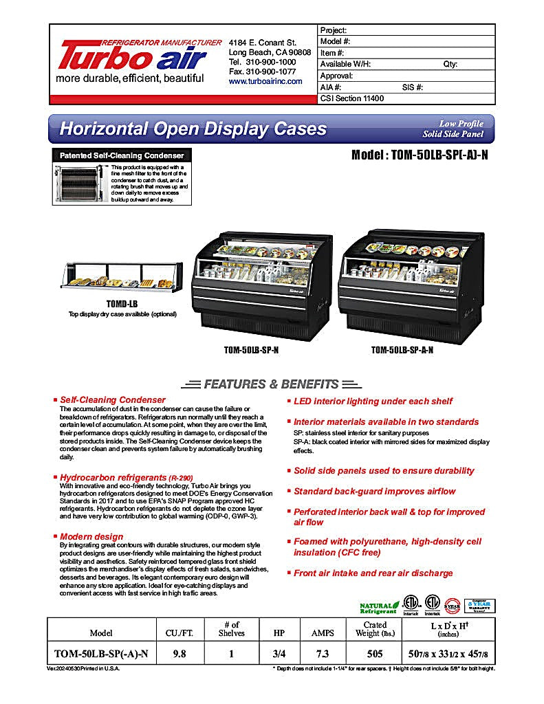 Turbo Air TOM-50LB-SP-N 50 7/8" Black Low Profile Horizontal Open Air Cooler – Refrigerated Curtain Merchandiser w/ (2) Levels, 115v - Donut-Equipment.com