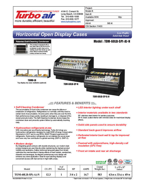 Turbo Air TOM-60LB-SP-N 63 3/8" Black Low Profile Horizontal Open Air Cooler – Refrigerated Merchandiser w/ (2) Levels, 115v - Bakery Wholesalers