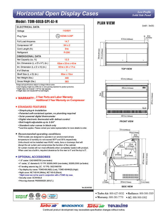 Turbo Air TOM-60LB-SP-N 63 3/8" Black Low Profile Horizontal Open Air Cooler – Refrigerated Merchandiser w/ (2) Levels, 115v - Bakery Wholesalers