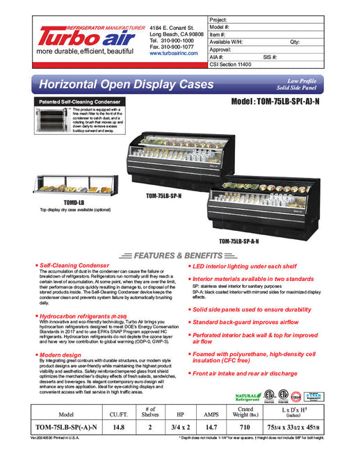 Turbo Air TOM-75LB-SP-N 75 3/4" Black Low Profile Horizontal Open Air Cooler – Refrigerated Merchandiser w/ (2) Levels, 115v - Bakery Wholesalers