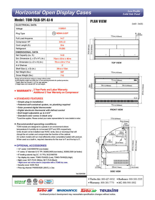 Turbo Air TOM-75LB-SP-N 75 3/4" Black Low Profile Horizontal Open Air Cooler – Refrigerated Merchandiser w/ (2) Levels, 115v - Bakery Wholesalers