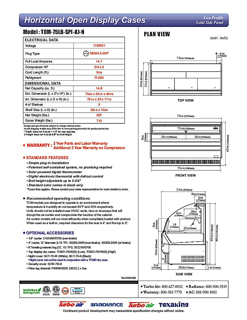 Turbo Air TOM-75LB-SP-N 75 3/4" Black Low Profile Horizontal Open Air Cooler – Refrigerated Merchandiser w/ (2) Levels, 115v - Donut-Equipment.com