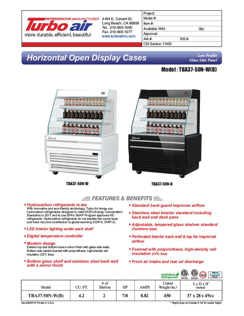 Turbo Air TBA37-50N-W 37" White Horizontal Refrigerated Open Display Merchandiser w/ (2) Shelves, 115v - Donut-Equipment.com