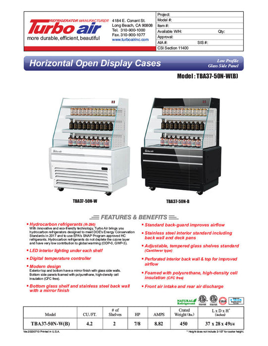 Turbo Air TBA37-50N-B 37" Black Horizontal Refrigerated Open Display Merchandiser w/ (2) Shelves, 115v - Bakery Wholesalers