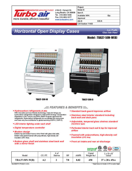 Turbo Air TBA37-50N-W 37" White Horizontal Refrigerated Open Display Merchandiser w/ (2) Shelves, 115v - Donut-Equipment.com