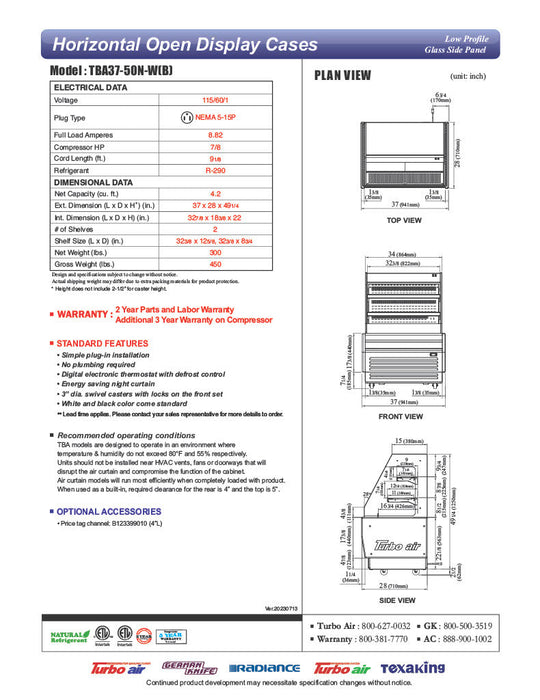 Turbo Air TBA37-50N-B 37" Black Horizontal Refrigerated Open Display Merchandiser w/ (2) Shelves, 115v - Bakery Wholesalers