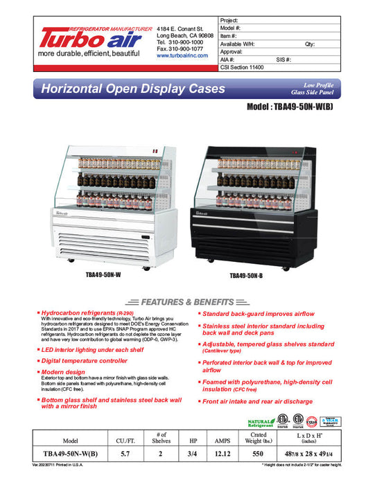 Turbo Air TBA49-50N-B 49" Black Horizontal Refrigerated Open Display Merchandiser w/ (2) Shelves, 115v - Bakery Wholesalers