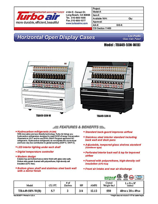 Turbo Air TBA49-50N-W 49" White Horizontal Refrigerated Open Display Merchandiser w/ (2) Shelves, 115v - Donut-Equipment.com