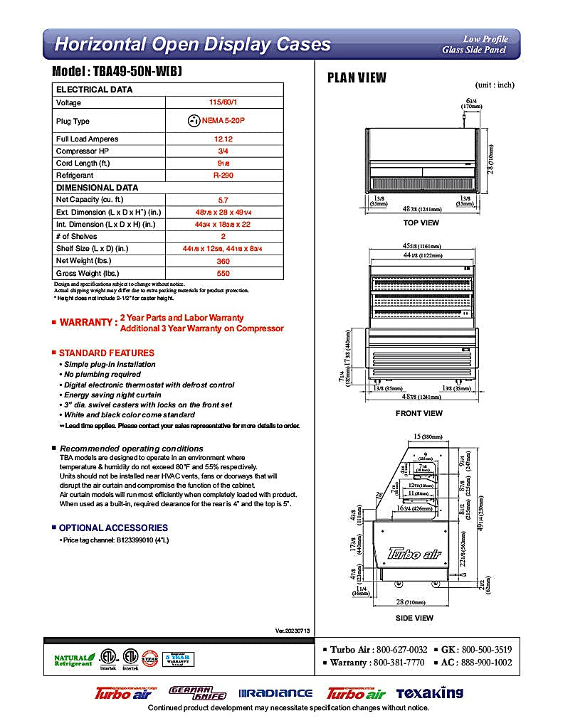 Turbo Air TBA49-50N-W 49" White Horizontal Refrigerated Open Display Merchandiser w/ (2) Shelves, 115v - Donut-Equipment.com