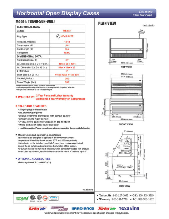Turbo Air TBA49-50N-B 49" Black Horizontal Refrigerated Open Display Merchandiser w/ (2) Shelves, 115v - Bakery Wholesalers