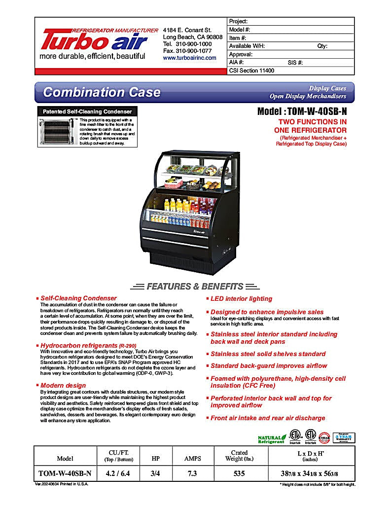 Turbo Air TOM-W-40SB-N 38 7/8" Black Horizontal Open Air Cooler w/ (4) Levels – Wide Display Merchandiser, 115v - Donut-Equipment.com