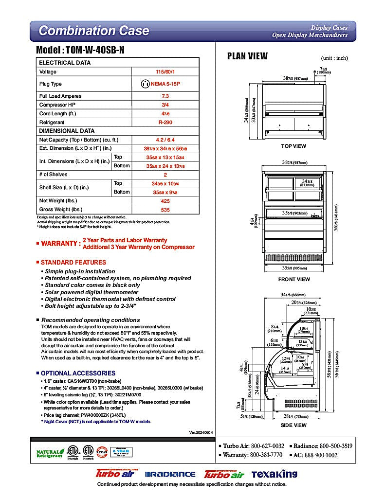 Turbo Air TOM-W-40SB-N 38 7/8" Black Horizontal Open Air Cooler w/ (4) Levels – Wide Display Merchandiser, 115v - Donut-Equipment.com