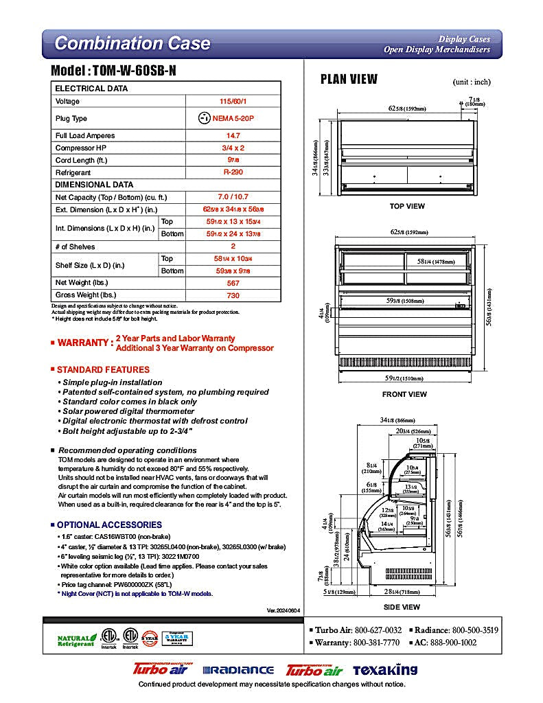 Turbo Air TOM-W-60SB-N 62 5/8" Black Horizontal Open Air Cooler w/ (4) Levels – Wide Display Merchandiser, 115v - Donut-Equipment.com