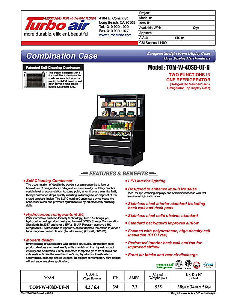 Turbo Air TOM-W-40SB-UF-N 38 7/8" Black Horizontal Open Air Cooler w/ (4) Levels – Ultra Front Display Merchandiser, 115v - Donut-Equipment.com