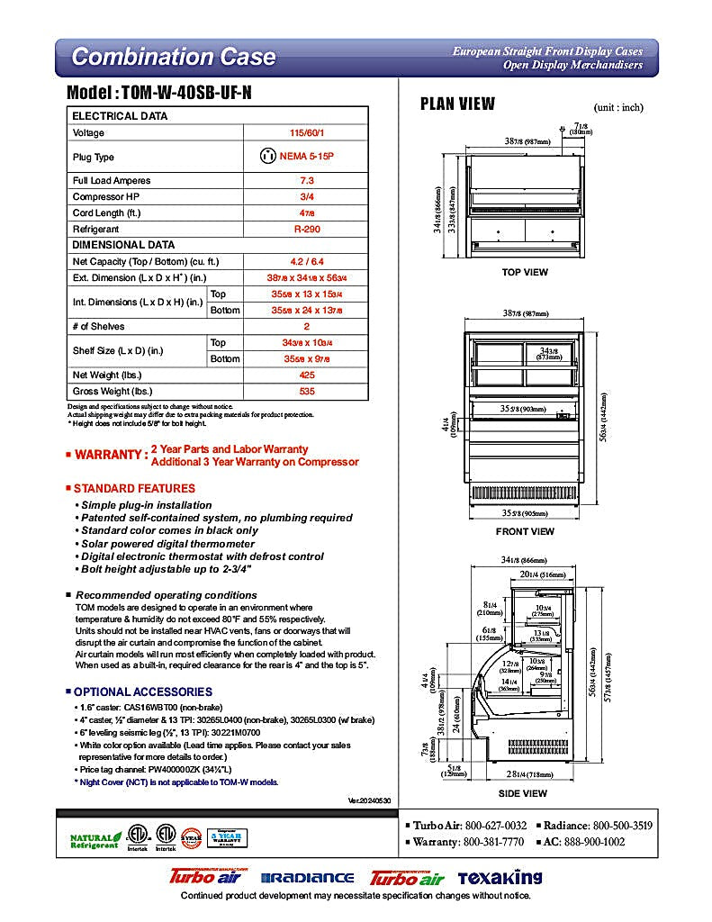 Turbo Air TOM-W-40SB-UF-N 38 7/8" Black Horizontal Open Air Cooler w/ (4) Levels – Ultra Front Display Merchandiser, 115v - Donut-Equipment.com