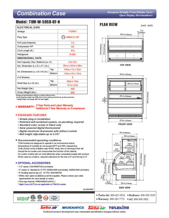 Turbo Air TOM-W-50SB-UF-N 50 7/8" Black Horizontal Open Air Cooler w/ (4) Levels – Ultra Front Display Merchandiser, 115v - Bakery Wholesalers