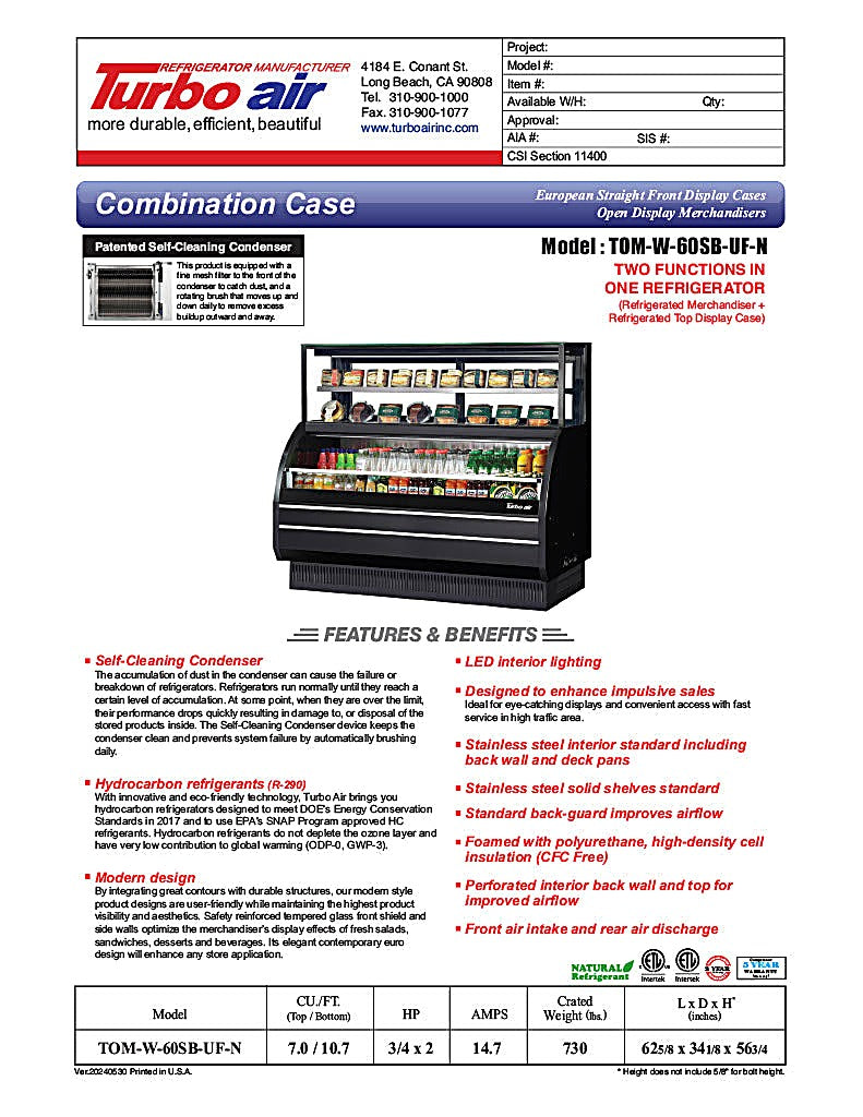 Turbo Air TOM-W-60SB-UF-N 62" Black Horizontal Open Air Cooler w/ (4) Levels – Ultra Front Display Merchandiser, 115v - Donut-Equipment.com