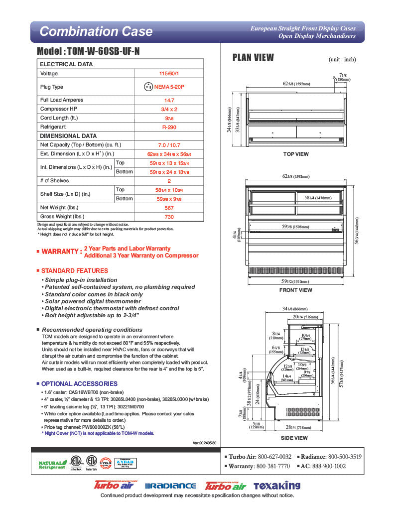 Turbo Air TOM-W-60SB-UF-N 62" Black Horizontal Open Air Cooler w/ (4) Levels – Ultra Front Display Merchandiser, 115v - Donut-Equipment.com