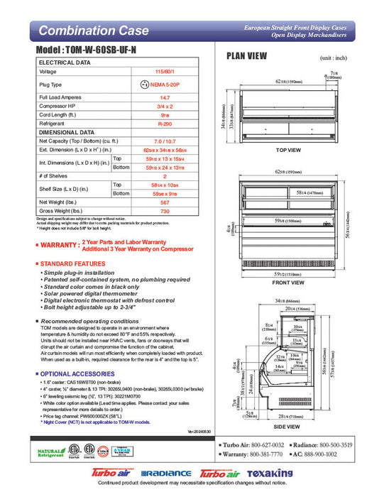 Turbo Air TOM-W-60SB-UF-N 62" Black Horizontal Open Air Cooler w/ (4) Levels – Ultra Front Display Merchandiser, 115v - Bakery Wholesalers