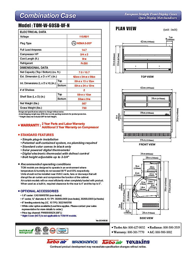 Turbo Air TOM-W-60SB-UF-N 62" Black Horizontal Open Air Cooler w/ (4) Levels – Ultra Front Display Merchandiser, 115v - Donut-Equipment.com