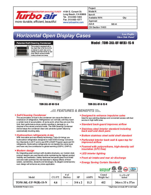 Turbo Air TOM-36L-UF-W-1S-N 34 3/4" White Low Profile Horizontal Open Air Cooler w/ (1) Level – Ultra Front Merchandiser, 115v - Bakery Wholesalers