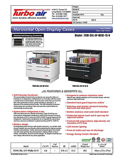 Turbo Air TOM-36L-UF-W-1S-N 34 3/4" White Low Profile Horizontal Open Air Cooler w/ (1) Level – Ultra Front Merchandiser, 115v - Donut-Equipment.com