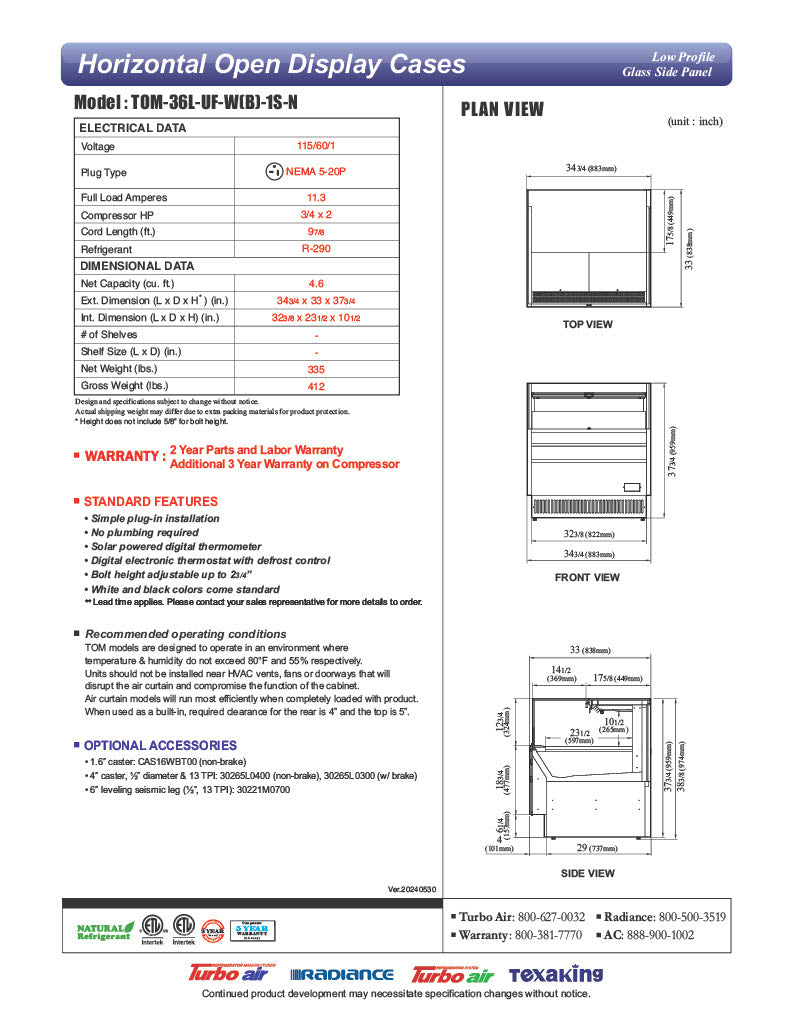 Turbo Air TOM-36L-UF-W-1S-N 34 3/4" White Low Profile Horizontal Open Air Cooler w/ (1) Level – Ultra Front Merchandiser, 115v - Donut-Equipment.com