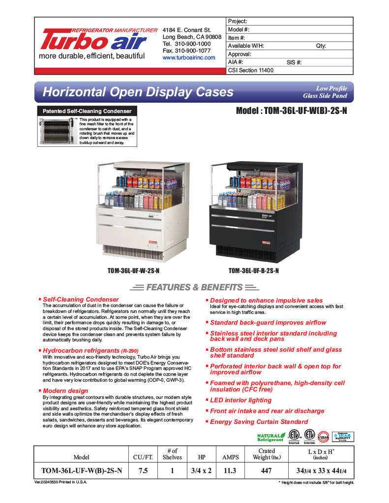 Turbo Air TOM-36L-UF-W-2S-N 34 3/4" White Low Profile Horizontal Open Air Cooler w/ (2) Levels – Ultra Front Merchandiser, 115v - Donut-Equipment.com