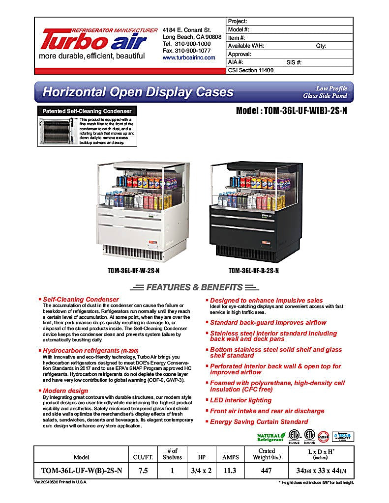 Turbo Air TOM-36L-UF-W-2S-N 34 3/4" White Low Profile Horizontal Open Air Cooler w/ (2) Levels – Ultra Front Merchandiser, 115v - Donut-Equipment.com