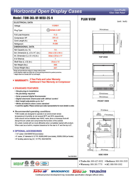 Turbo Air TOM-36L-UF-W-2S-N 34 3/4" White Low Profile Horizontal Open Air Cooler w/ (2) Levels – Ultra Front Merchandiser, 115v - Bakery Wholesalers