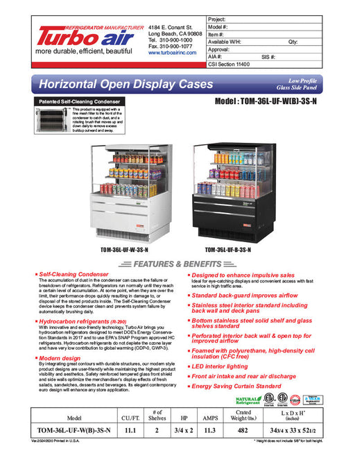 Turbo Air TOM-36L-UF-W-3S-N 34 3/4" White Low Profile Horizontal Open Air Cooler w/ (3) Levels – Ultra Front Merchandiser, 115v - Bakery Wholesalers