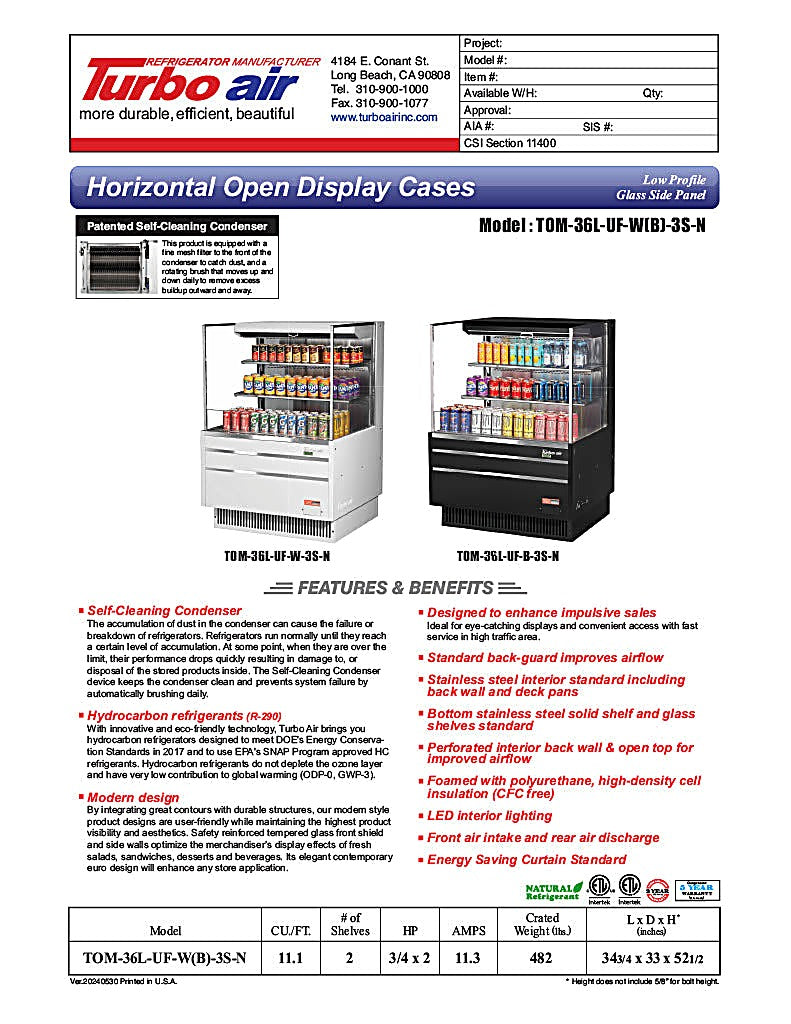 Turbo Air TOM-36L-UF-W-3S-N 34 3/4" White Low Profile Horizontal Open Air Cooler w/ (3) Levels – Ultra Front Merchandiser, 115v - Donut-Equipment.com