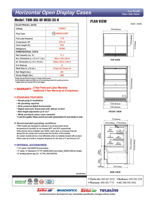 Turbo Air TOM-36L-UF-W-3S-N 34 3/4" White Low Profile Horizontal Open Air Cooler w/ (3) Levels – Ultra Front Merchandiser, 115v - Bakery Wholesalers