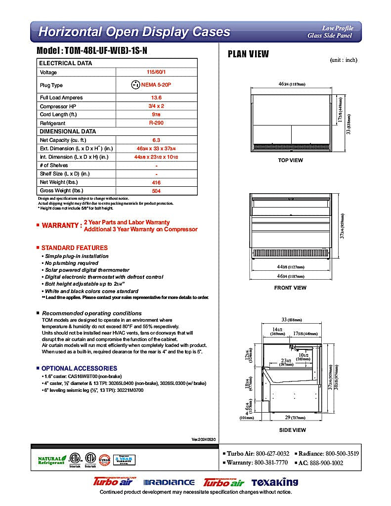 Turbo Air TOM-48L-UF-W-1S-N 46 3/4" White Low Profile Horizontal Open Air Cooler w/ (1) Level – Ultra Front Merchandiser, 115v - Donut-Equipment.com