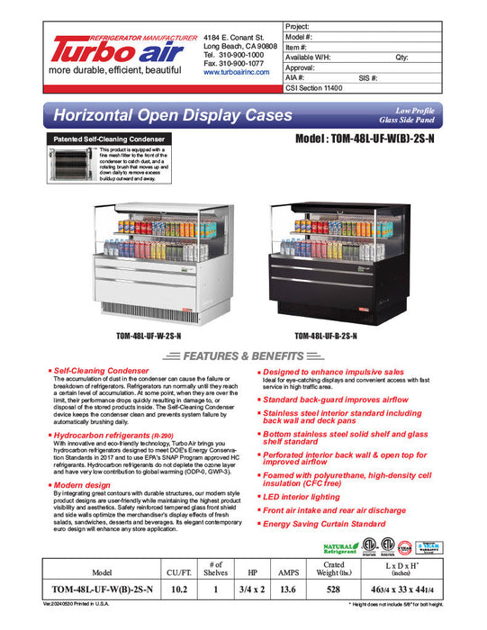 Turbo Air TOM-48L-UF-B-2S-N 46 3/4" Black Low Profile Horizontal Open Air Cooler w/ (2) Levels – Ultra Front Merchandiser, 115v - Bakery Wholesalers