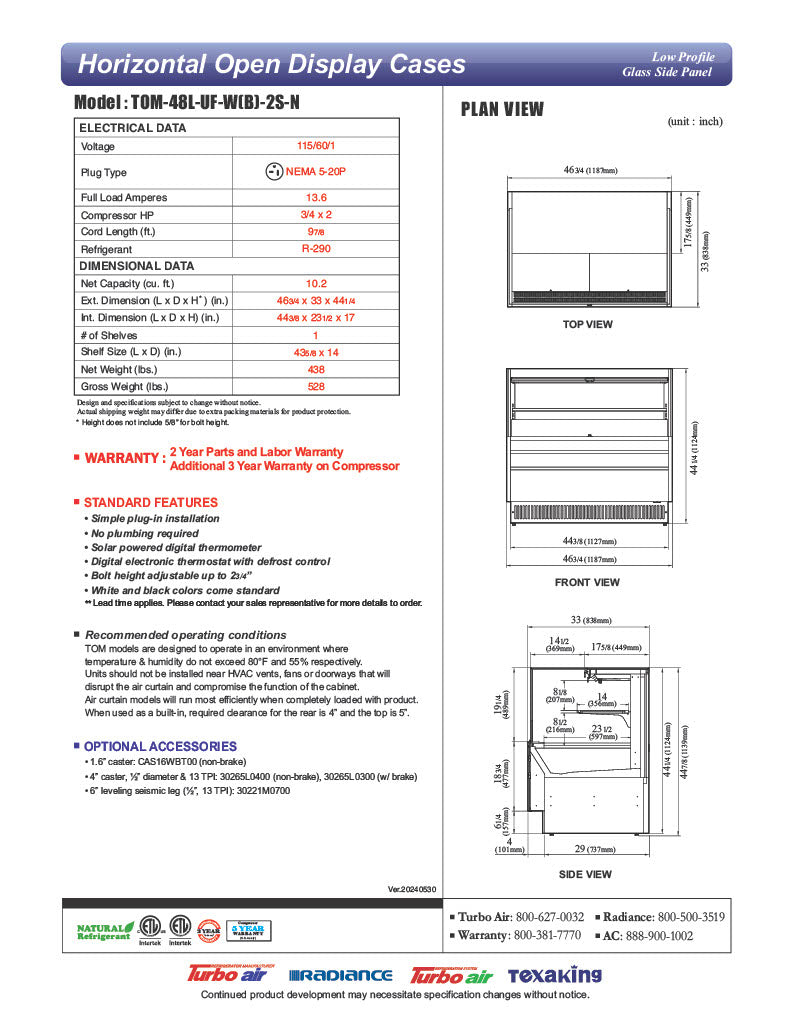 Turbo Air TOM-48L-UF-W-2S-N 46 3/4" White Low Profile Horizontal Open Air Cooler w/ (2) Levels – Ultra Front Merchandiser, 115v - Donut-Equipment.com