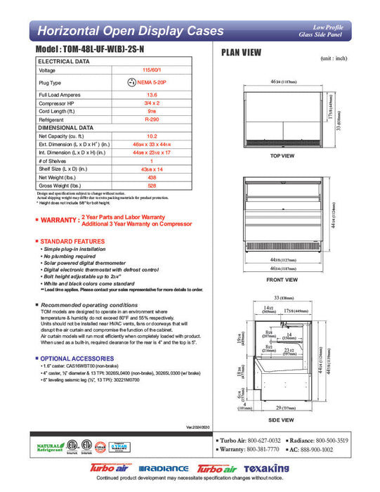 Turbo Air TOM-48L-UF-W-2S-N 46 3/4" White Low Profile Horizontal Open Air Cooler w/ (2) Levels – Ultra Front Merchandiser, 115v - Donut-Equipment.com